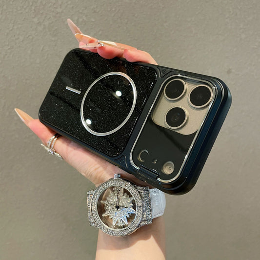 Flip-style lens holder glitter magnetic Apple phone case