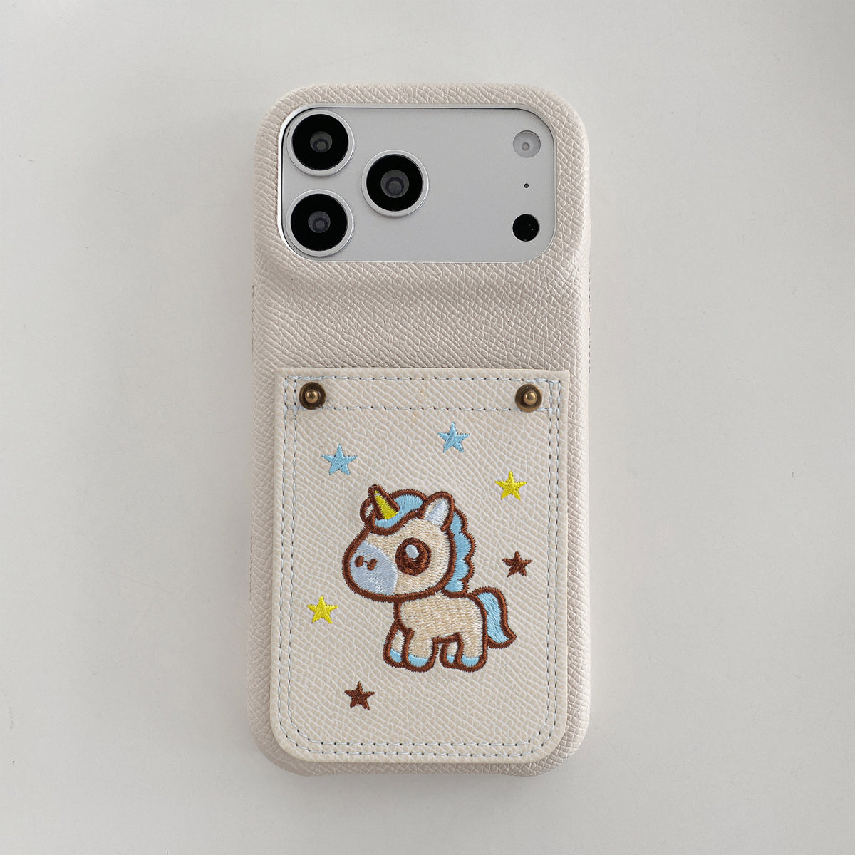 Embroidered Pony Faux Leather Card-Slot iPhone Case
