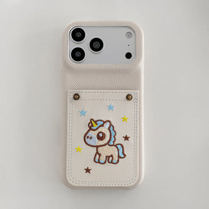Embroidered Pony Faux Leather Card-Slot iPhone Case