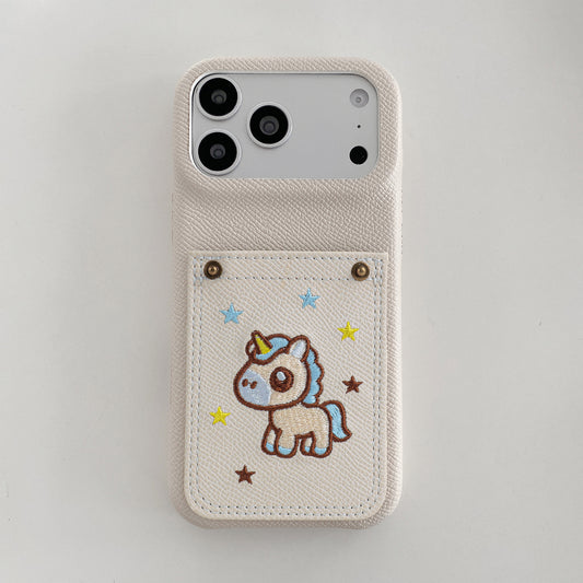 Embroidered Pony Faux Leather Card-Slot iPhone Case