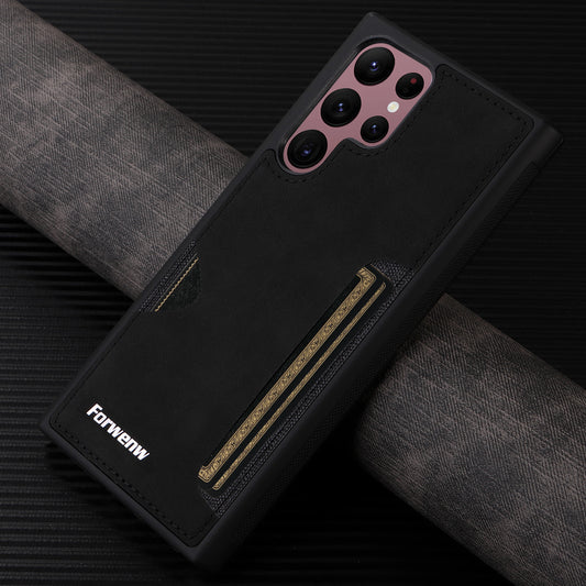 Retro-style shockproof leather case for Samsung phones with card slot and soft edges.