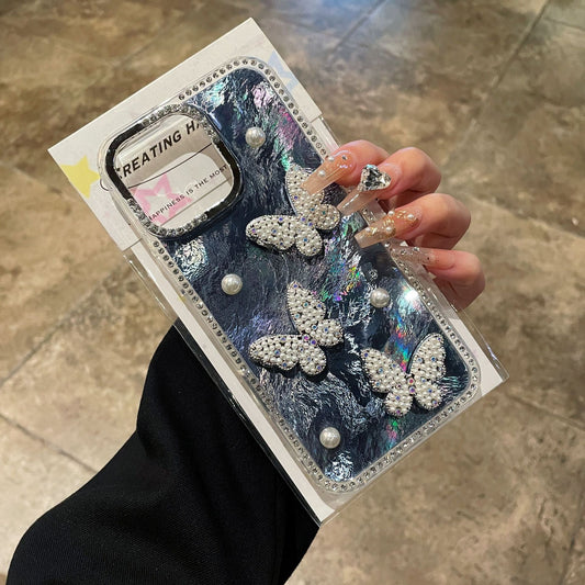 3D Pearl Butterfly Rhinestone Laser Shell Pattern Apple Phone Case