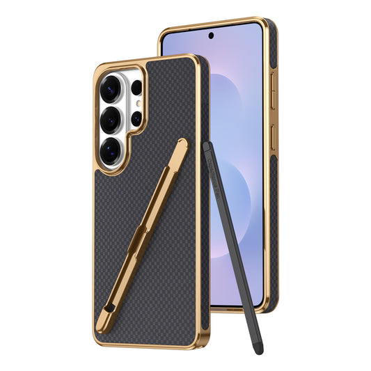 Electroplated Kevlar-pattern Samsung phone case with stylus slot