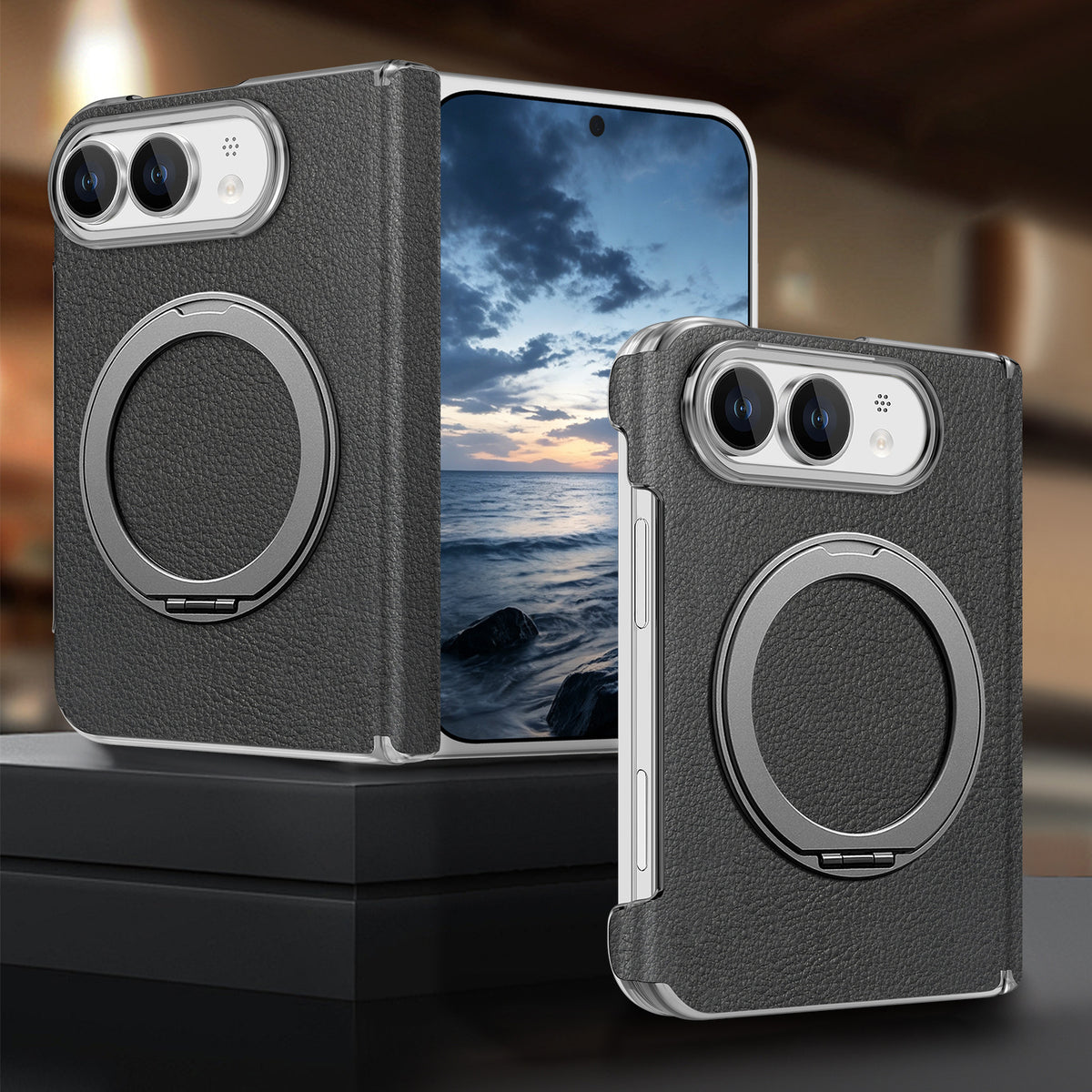 Korean style vegan leather magnetic rotating stand iPhone Duo phone case