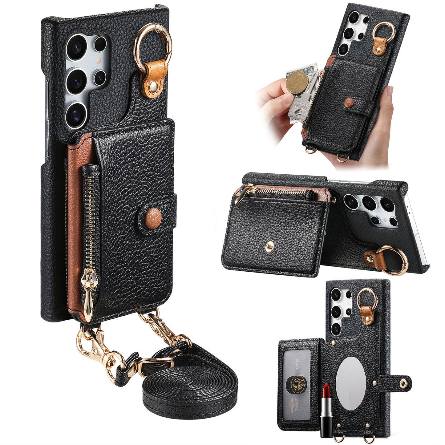 Leather built-in mirror anti-drop card Samsung mobile phone case
