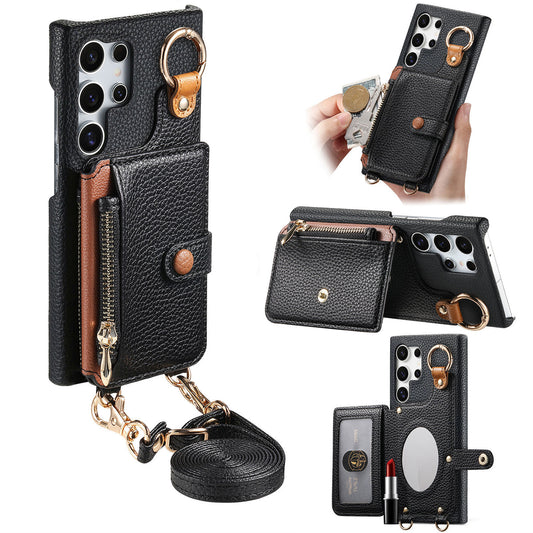 Leather built-in mirror anti-drop card Samsung mobile phone case