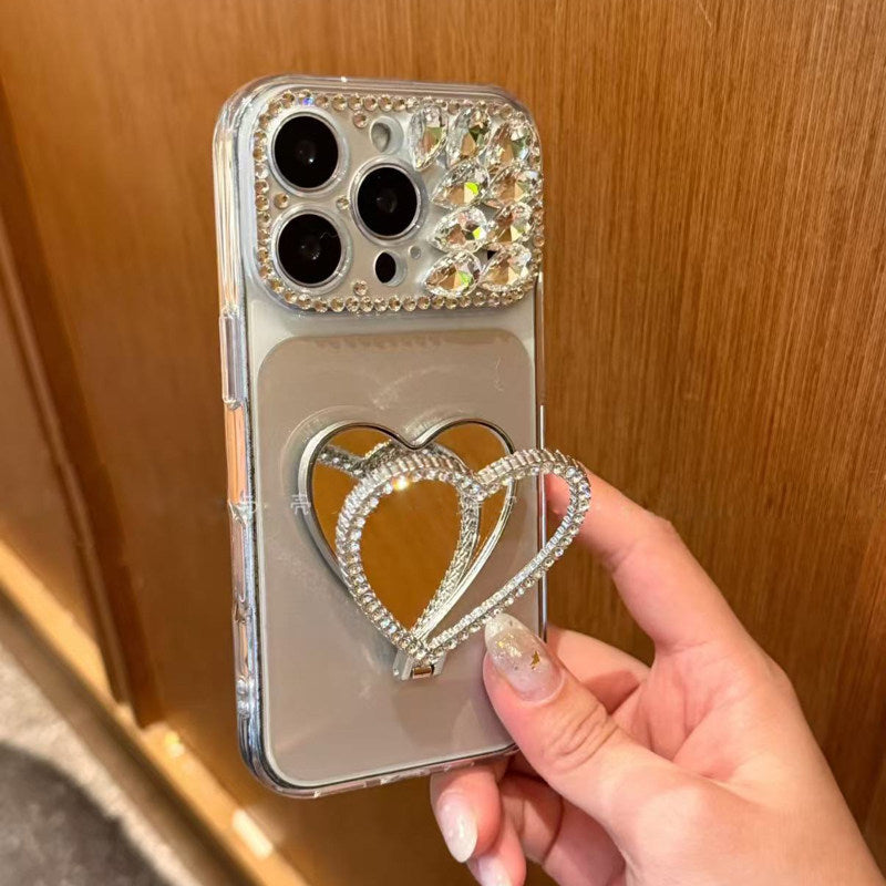 Diamond-studded heart-shaped mirror stand for iPhones