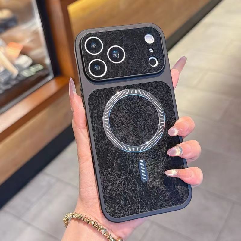 Feather-textured magnetic large-window Apple phone case