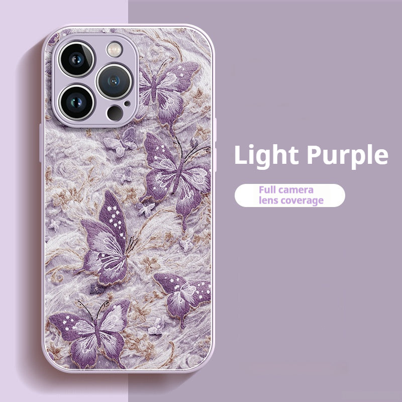 Embroidered butterfly lambskin shockproof Apple phone case