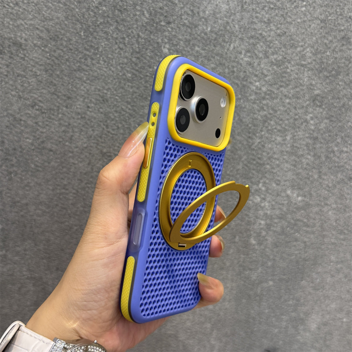 Skin-feel magnetic stand phone case for iPhone with a color-block honeycomb design