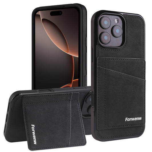 Solid color card holder stand leather Apple phone case