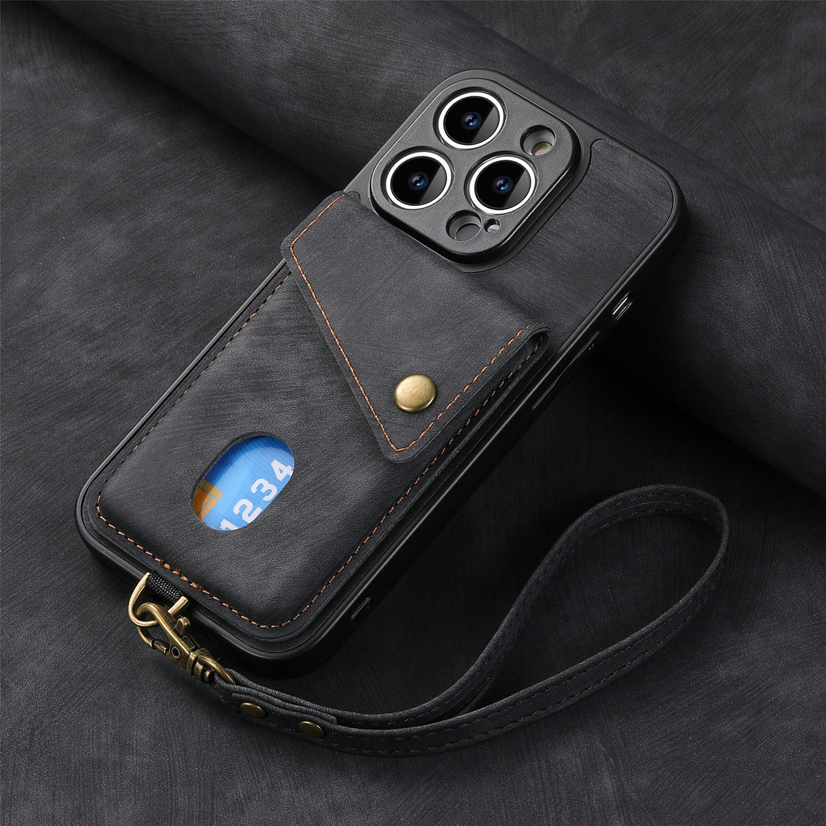 Solid-color, skin-feel leather iPhone case with lanyard and magnetic car mount attachment.