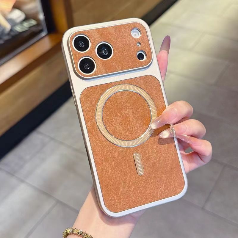 Feather-textured magnetic large-window Apple phone case
