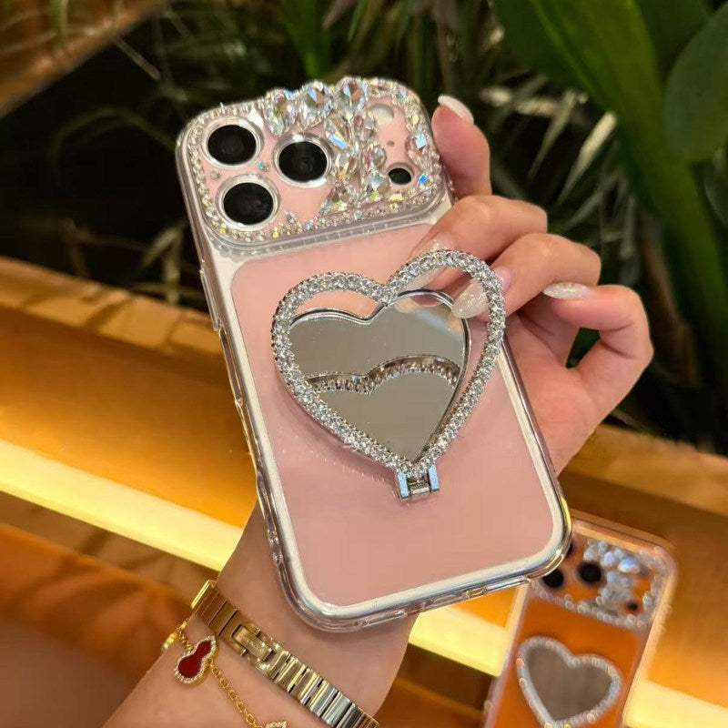 Diamond-studded heart-shaped mirror stand for iPhones