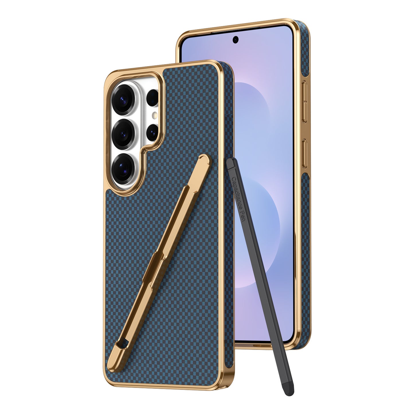 Electroplated Kevlar-pattern Samsung phone case with stylus slot