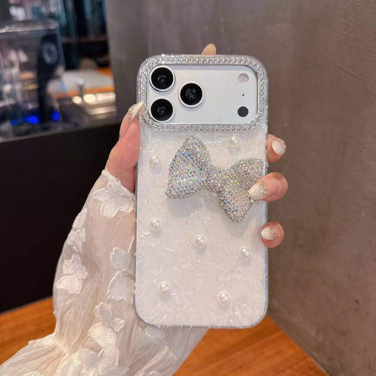 Shell-pattern rhinestone butterfly and pearl iPhone case