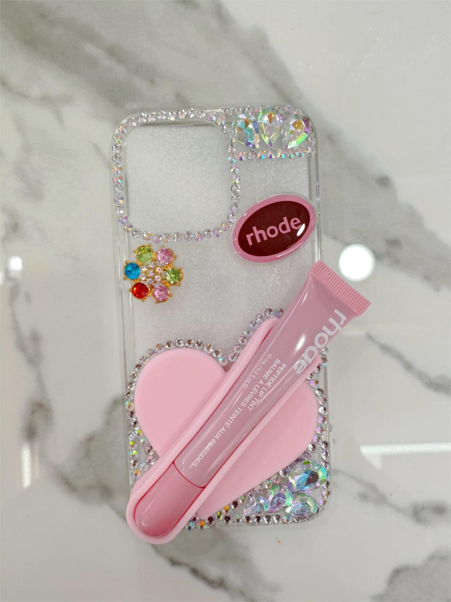 Creative Rhinestone-Embellished Silicone iPhone Case with Heart and Lipstick Design