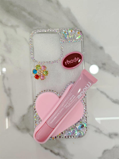 Creative Rhinestone-Embellished Silicone iPhone Case with Heart and Lipstick Design