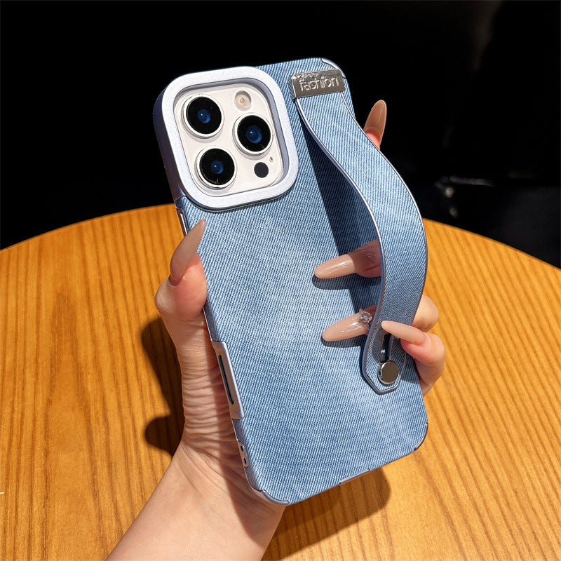 Minimalist solid color denim wrist strap magnetic Apple phone case