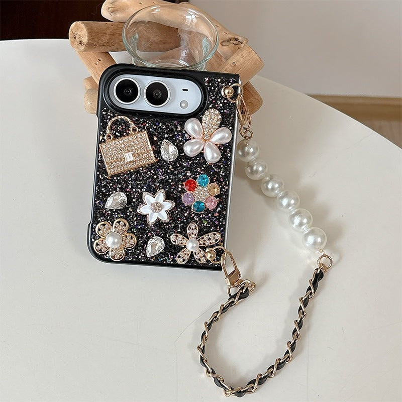 Luxurious Creative Rhinestone Flower & Pearl iPhone Duo Case