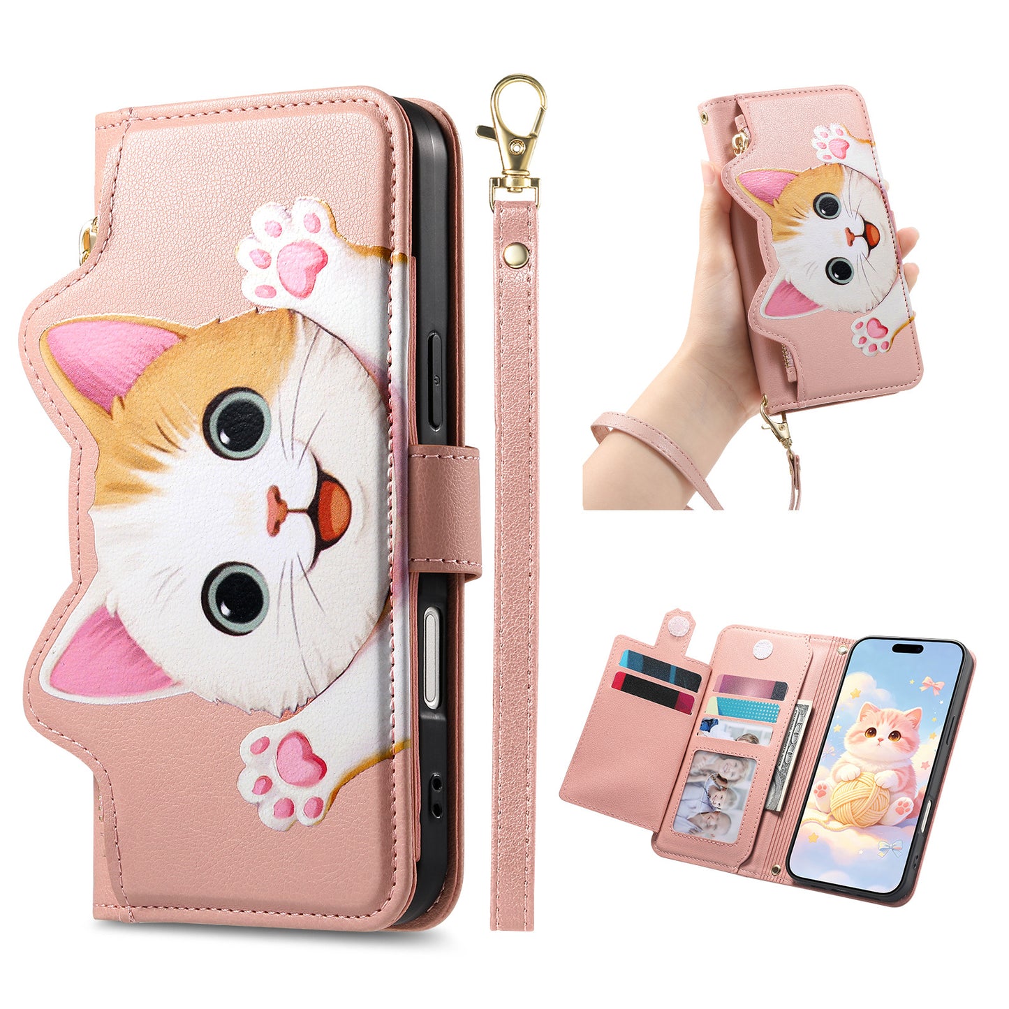 Cat and dog style flip phone case with short lanyard for Samsung phones