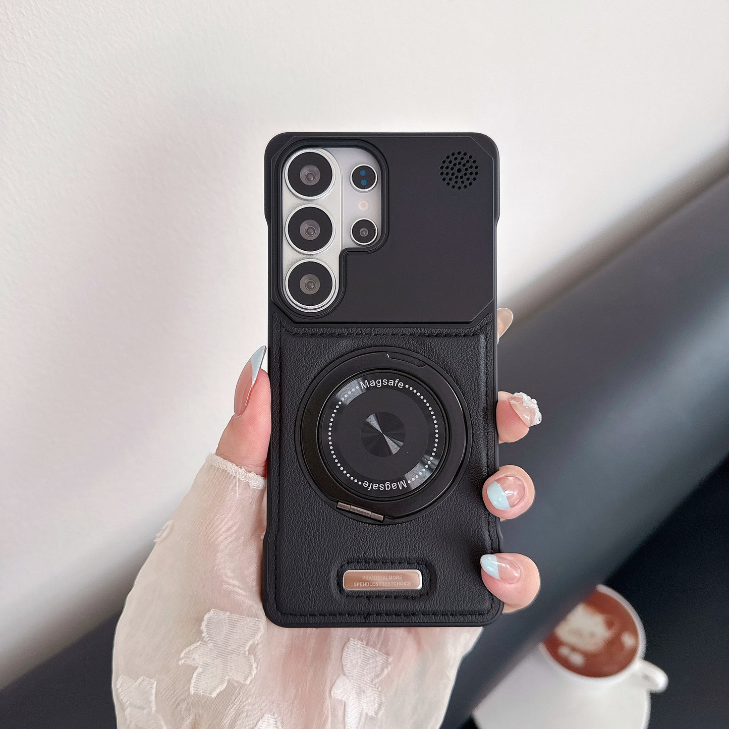 Frameless leather textured magnetic rotating stand Samsung phone case