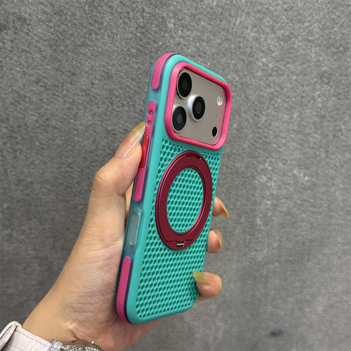 Skin-feel magnetic stand phone case for iPhone with a color-block honeycomb design
