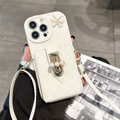 Crossbody lanyard butterfly mirror card holder Apple phone case
