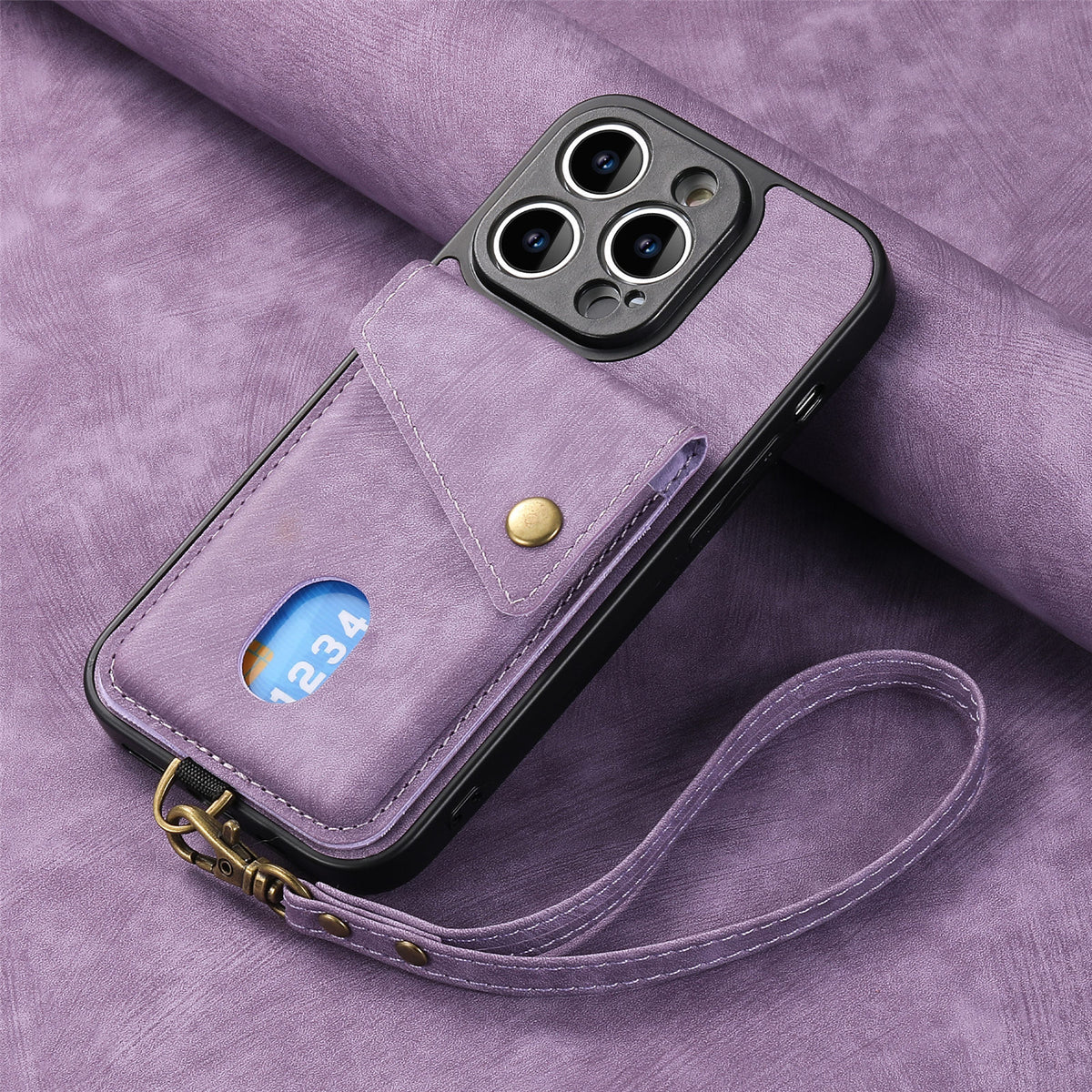 Solid-color, skin-feel leather iPhone case with lanyard and magnetic car mount attachment.
