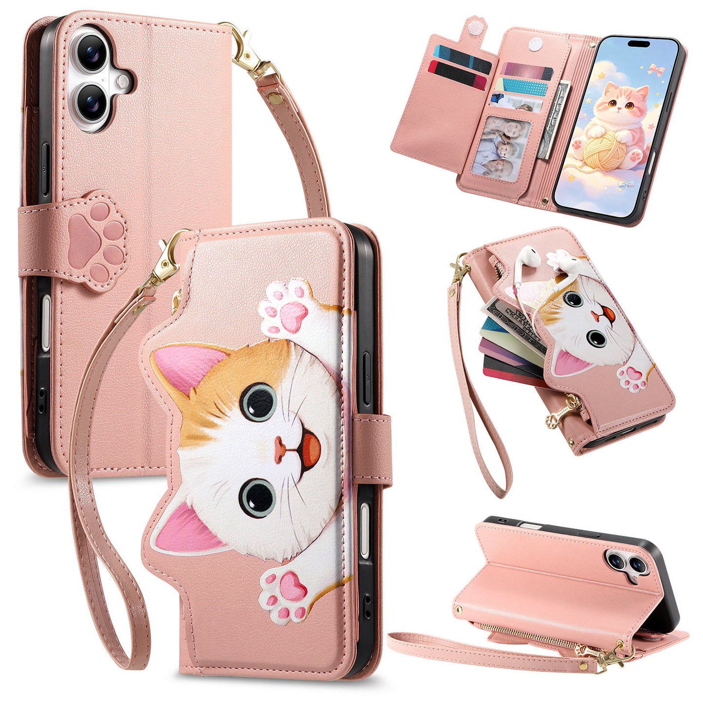 Cat and dog style flip phone case with short lanyard