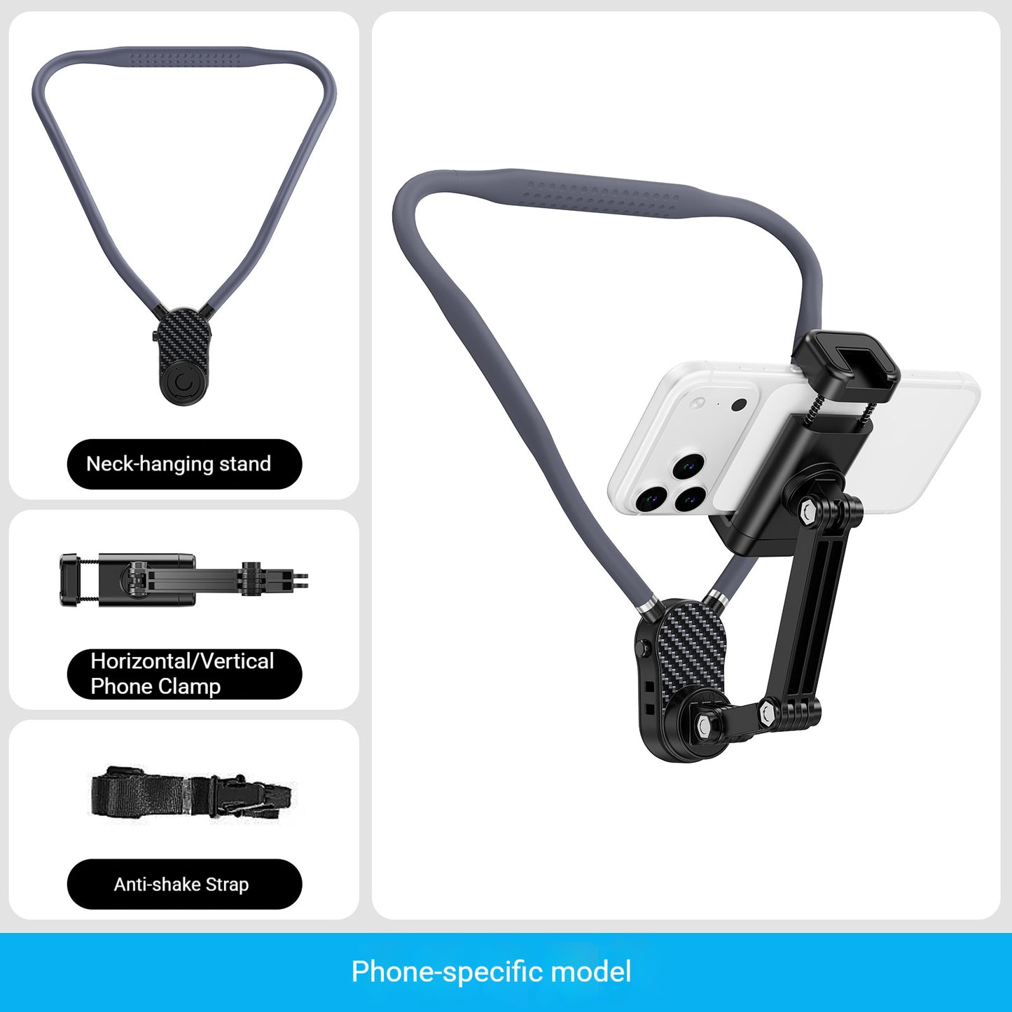 Anti-shake neck-mounted phone holder for cycling livestreams and sports