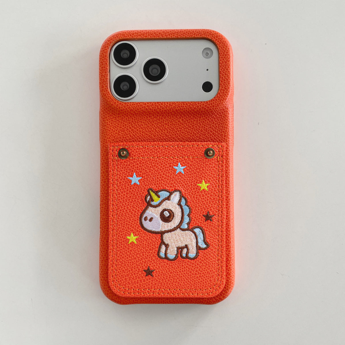 Embroidered Pony Faux Leather Card-Slot iPhone Case