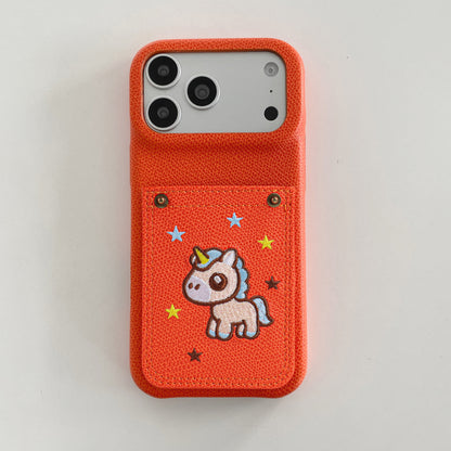 Embroidered Pony Faux Leather Card-Slot iPhone Case