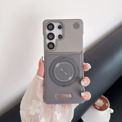 Frameless leather textured magnetic rotating stand Samsung phone case