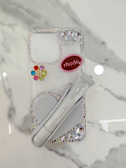 Creative Rhinestone-Embellished Silicone iPhone Case with Heart and Lipstick Design