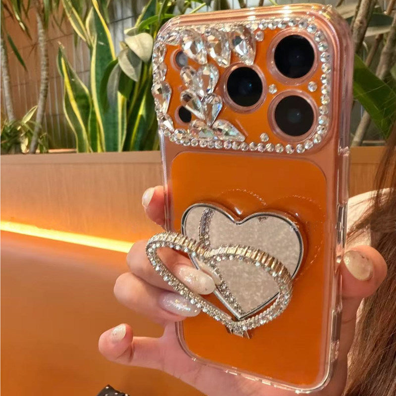 Diamond-studded heart-shaped mirror stand for iPhones