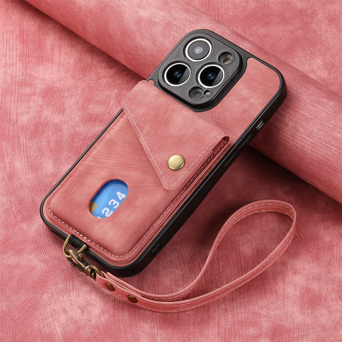 Solid-color, skin-feel leather iPhone case with lanyard and magnetic car mount attachment.