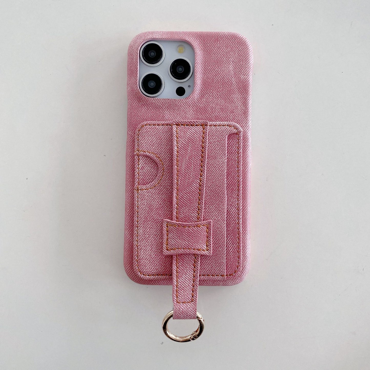 Denim-textured iPhone case with wrist strap and ring holder
