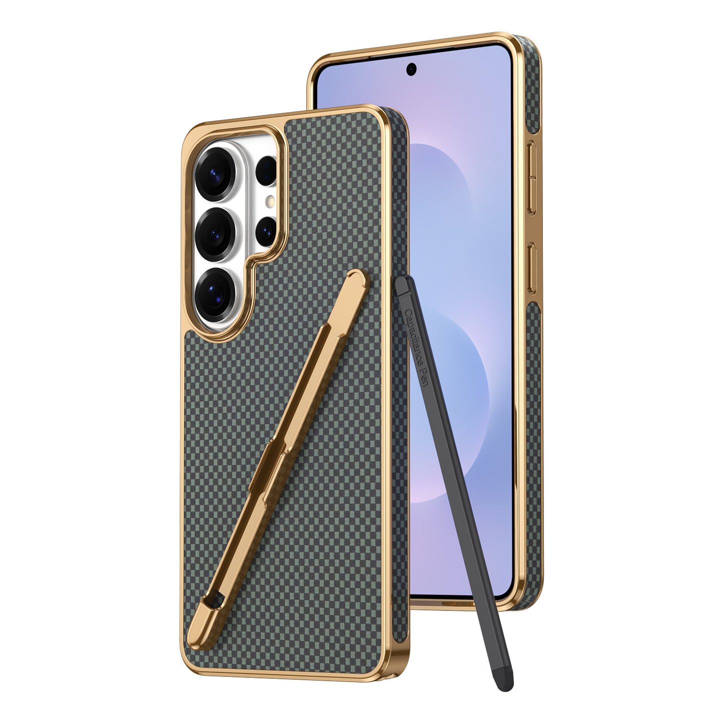 Electroplated Kevlar-pattern Samsung phone case with stylus slot