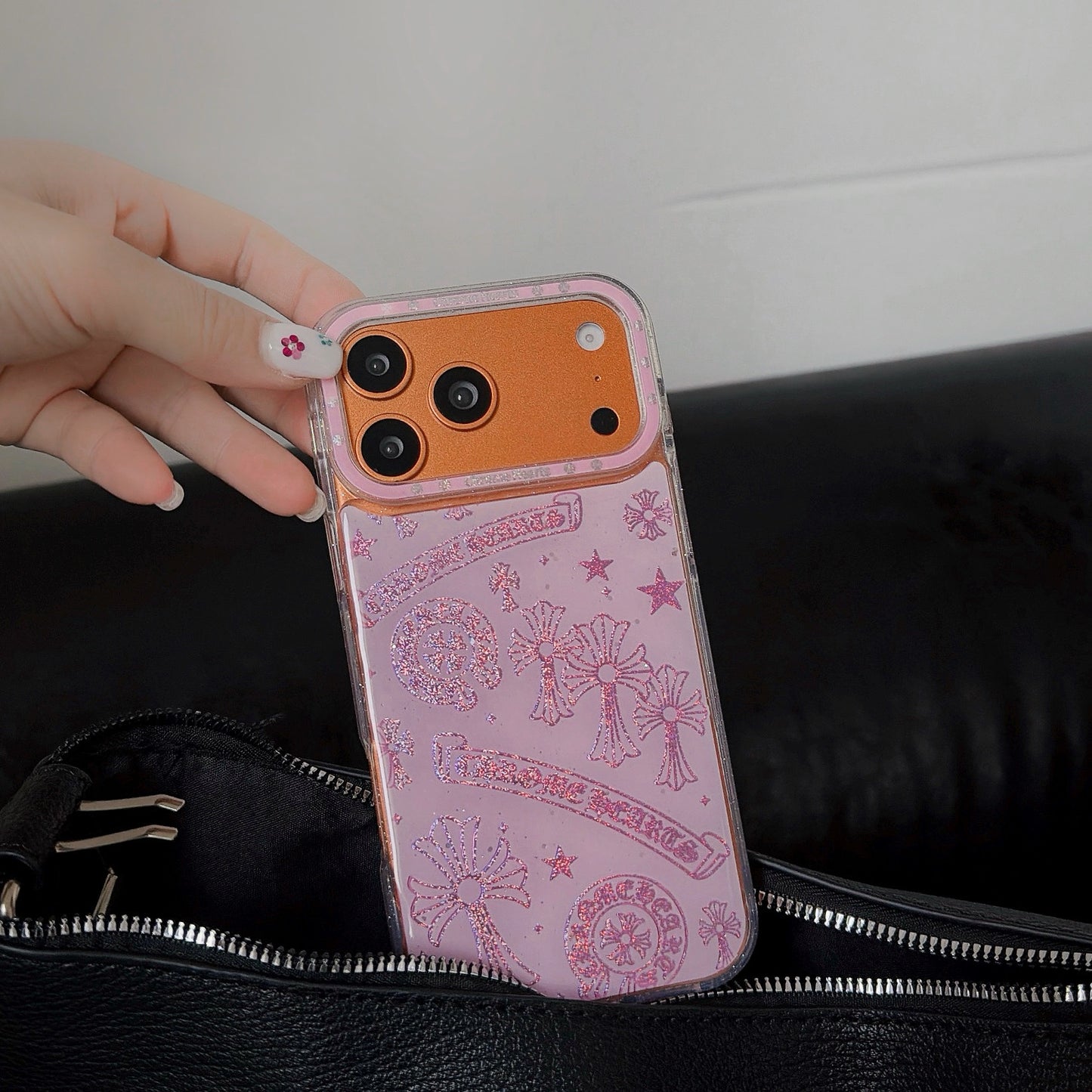 Premium-feel full-coverage Chrome Hearts-style iPhone case