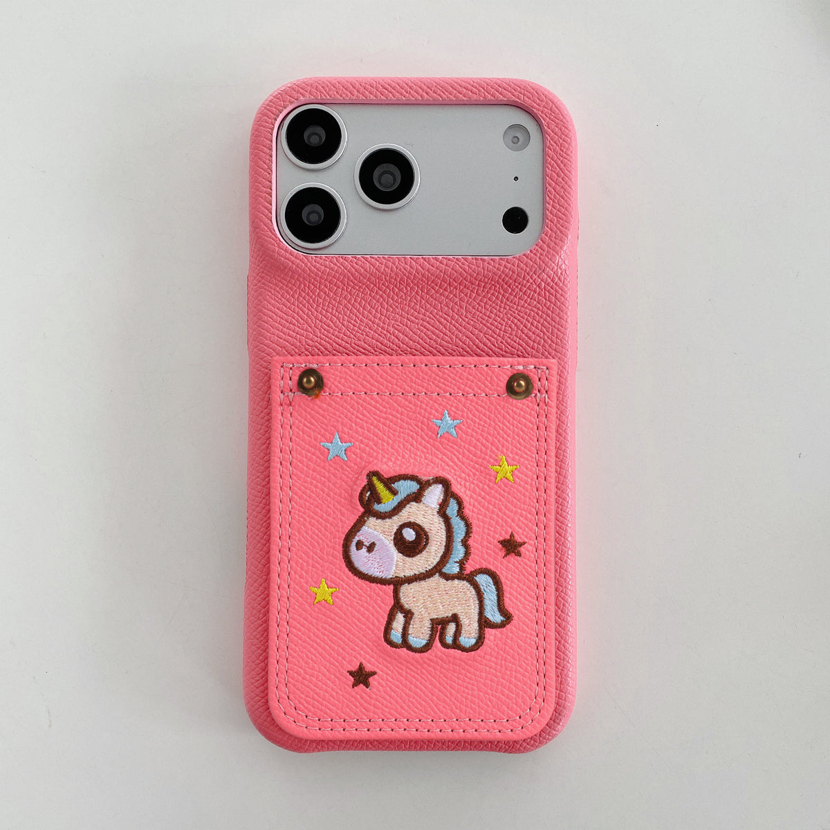 Embroidered Pony Faux Leather Card-Slot iPhone Case
