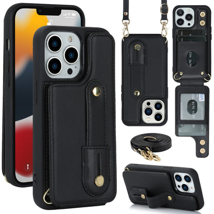 Crossbody long rope wrist strap stand leather case Apple phone case