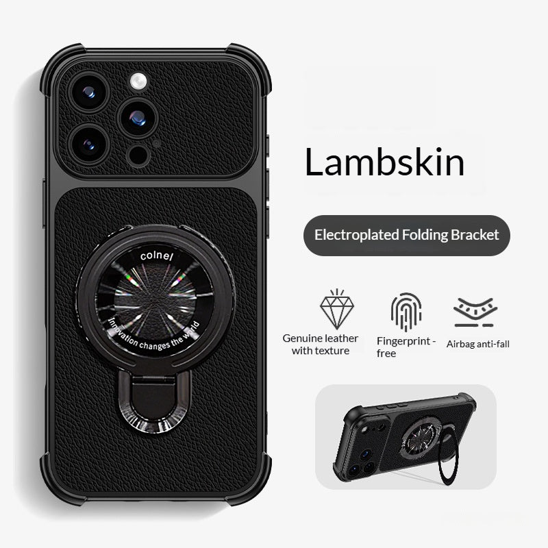 Four-corner anti-drop folding stand leather-textured Apple phone case