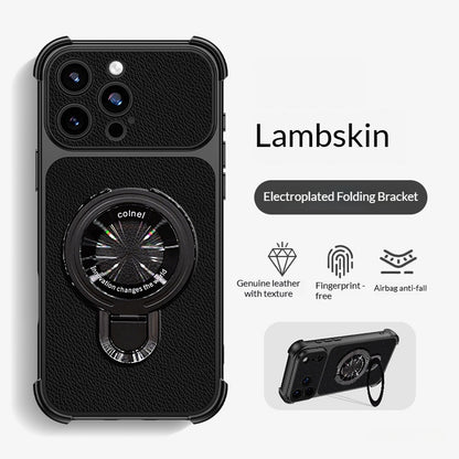 Four-corner anti-drop folding stand leather-textured Apple phone case