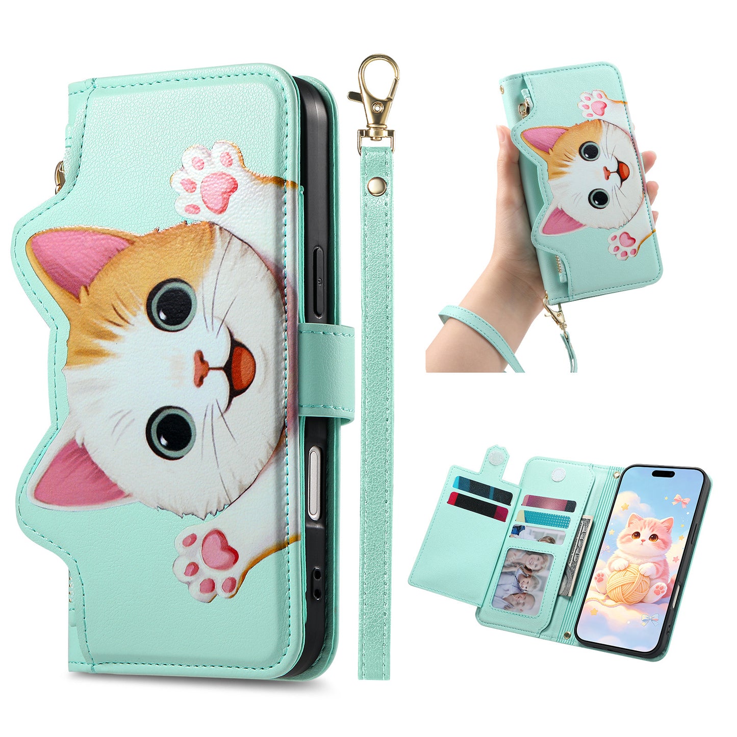 Cat and dog style flip phone case with short lanyard for Samsung phones