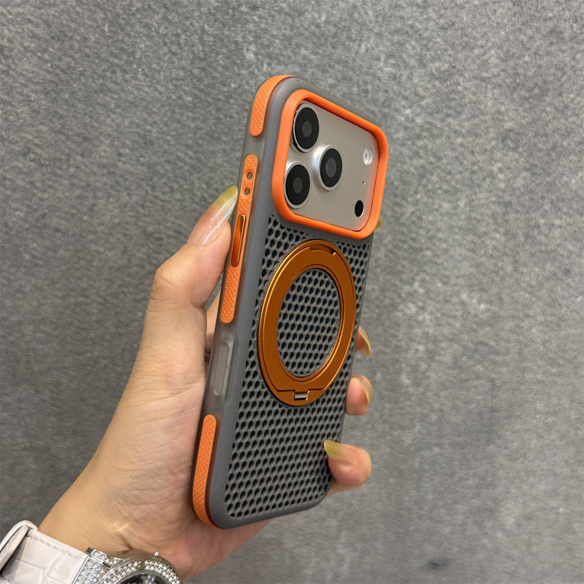 Skin-feel magnetic stand phone case for iPhone with a color-block honeycomb design