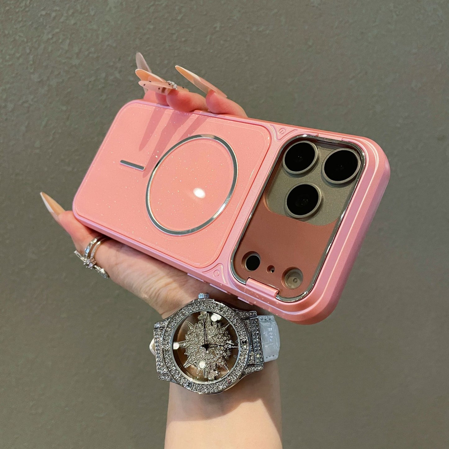 Flip-style lens holder glitter magnetic Apple phone case