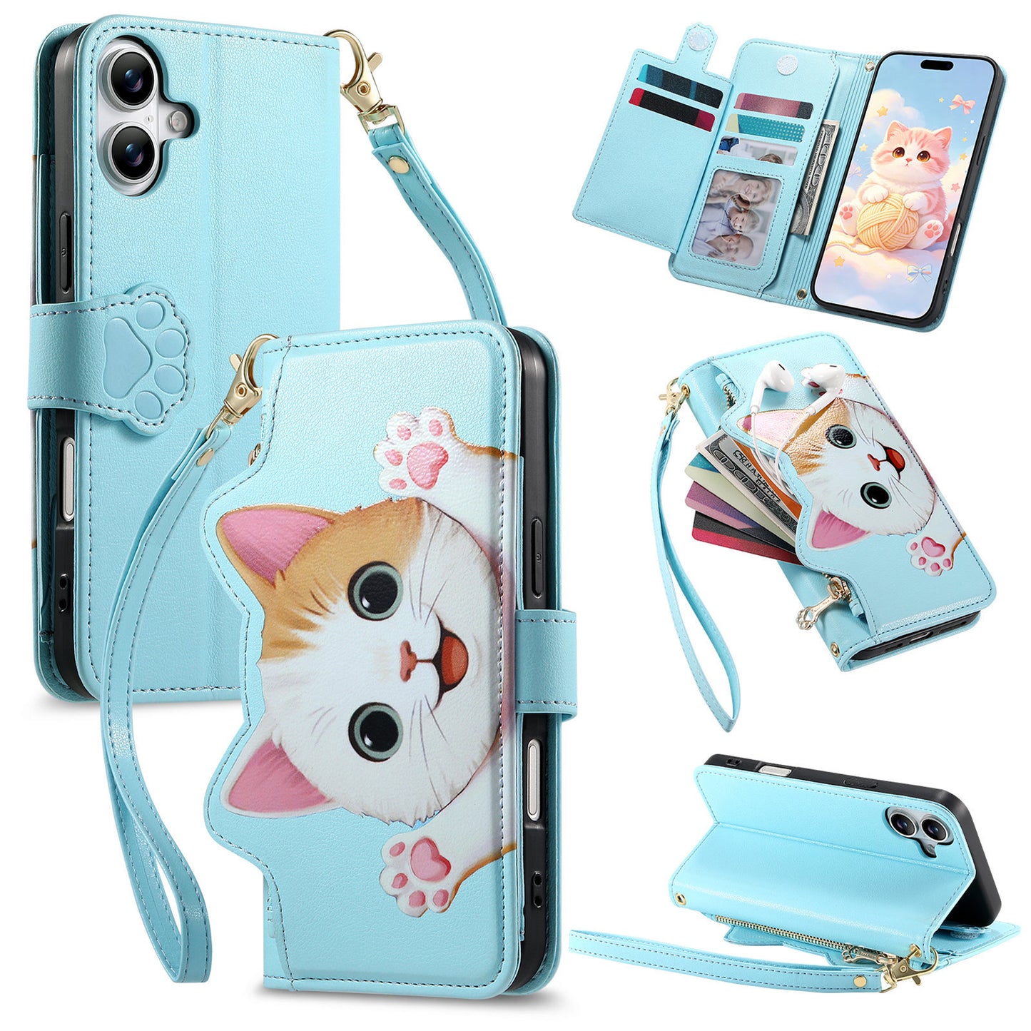 Cat and dog style flip phone case with short lanyard