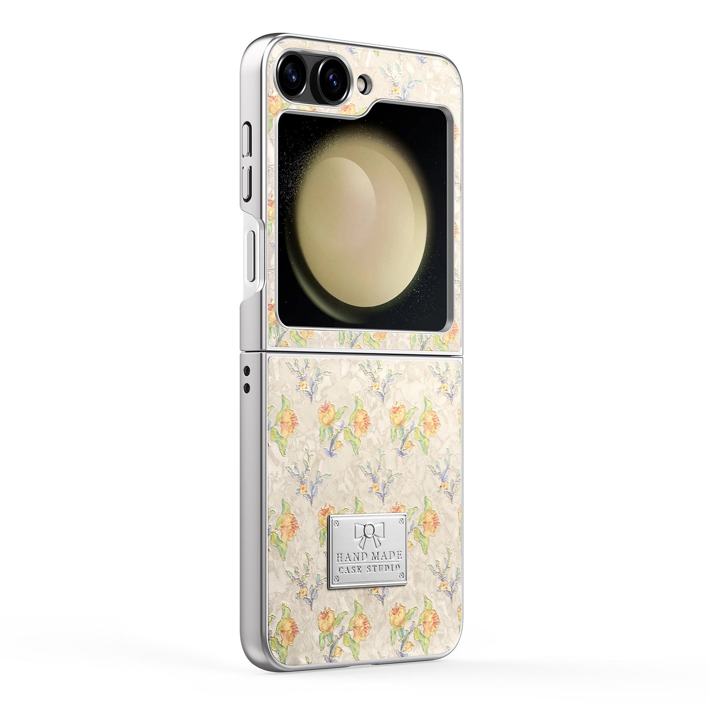 Electroplated silver frame with floral design Samsung Z Flip phone case