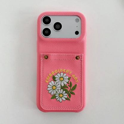 Embroidered Floral Faux Leather Card-Holder iPhone Case